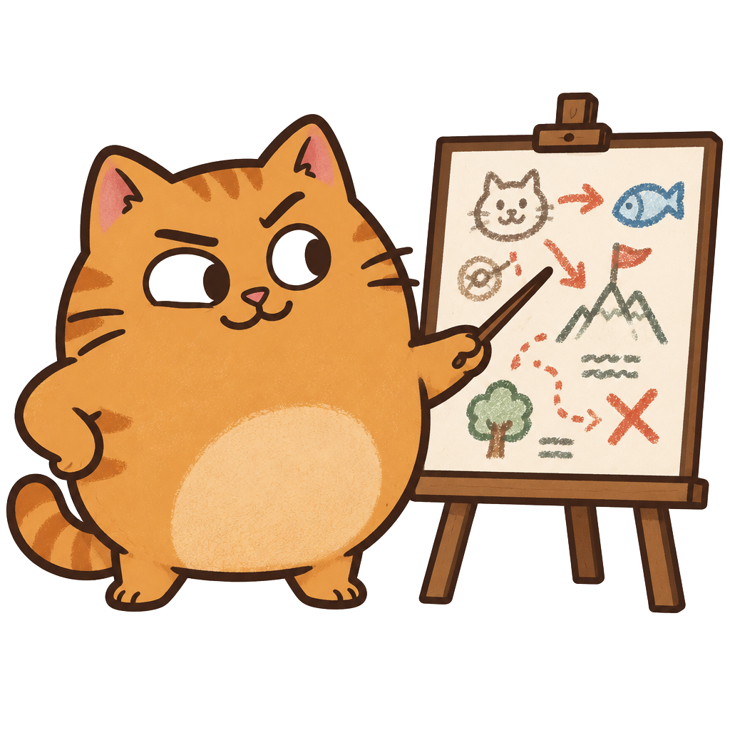 BUNGLE the orange cat proudly pointing at a badly drawn plan on an easel