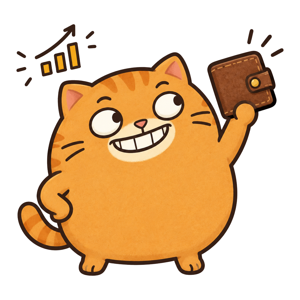 BUNGLE holding up a wallet with a big grin
